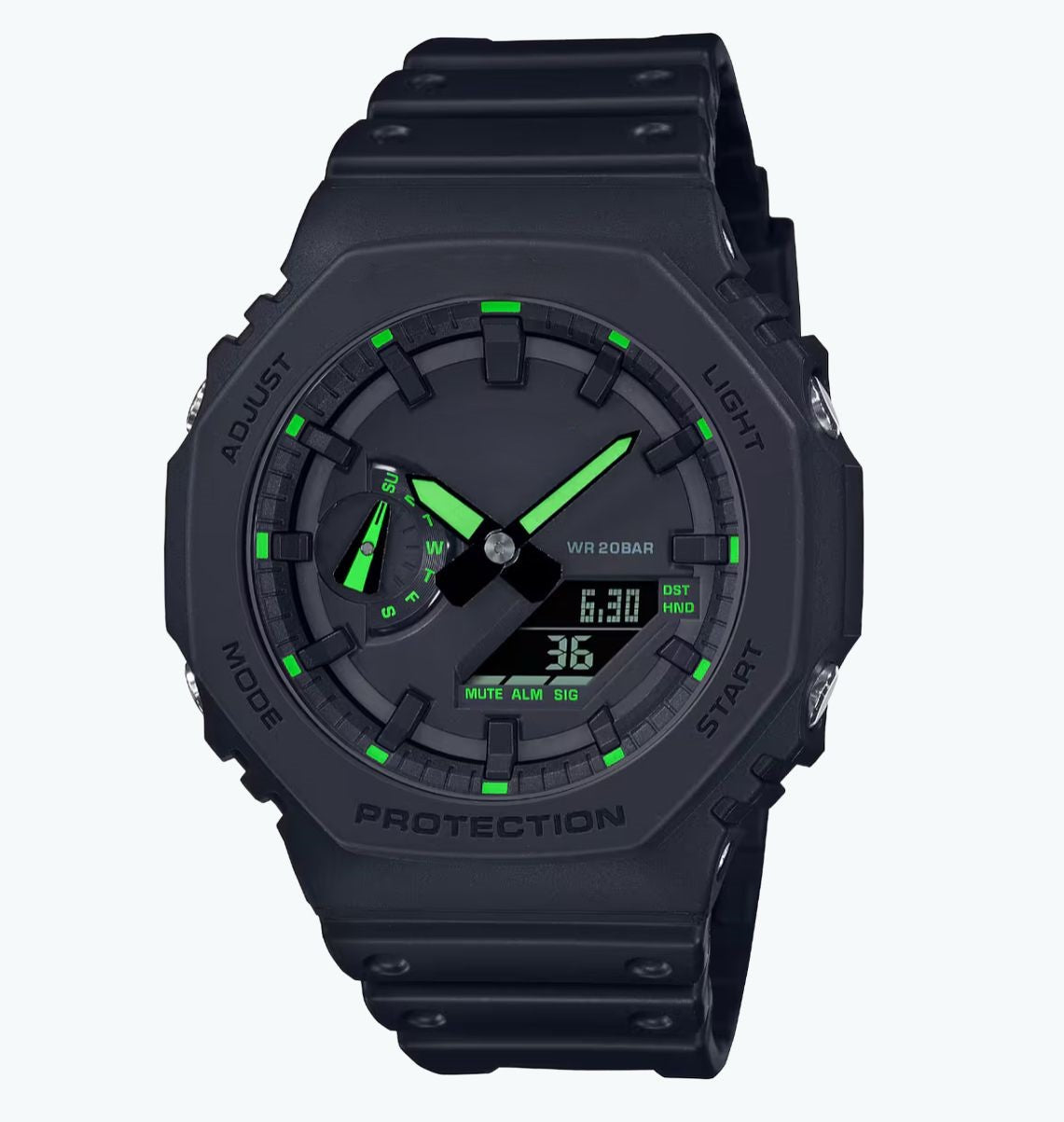 Reloj Básico Negro Con Detalles Verdes