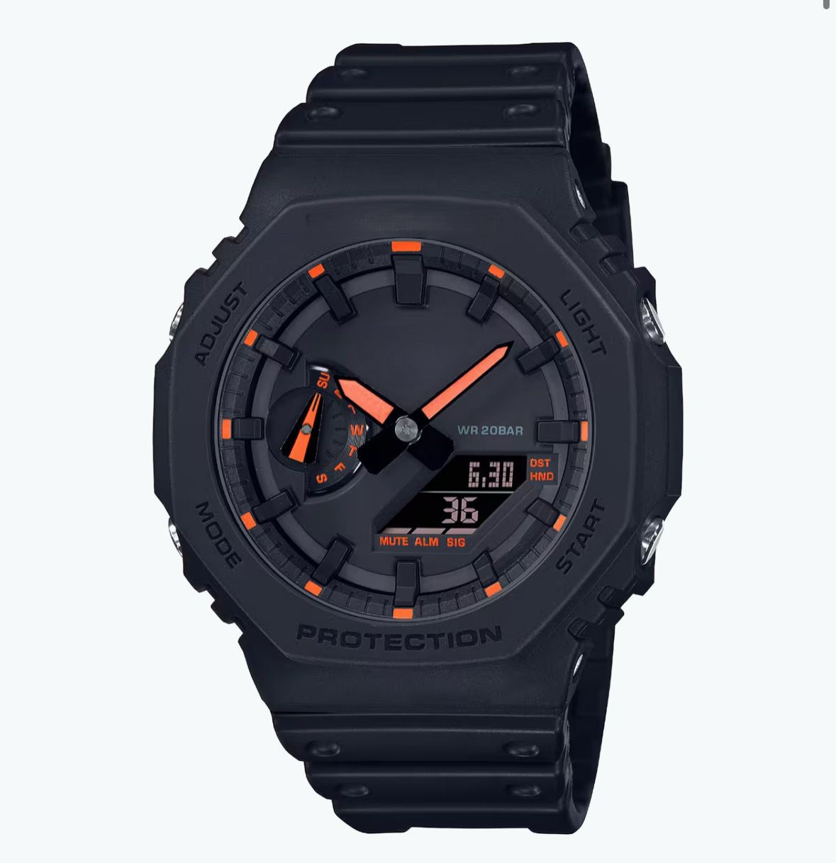 Reloj Basico Negro Con Detalles Naranjas